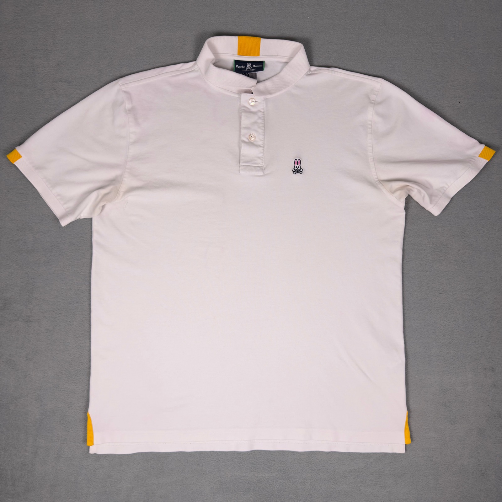 Psycho Bunny White Pique Polo Shirt Yellow Contrast Trim Collar Mens Size 6 Xl